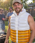 Man wearing the KegVest wearable beer vest at a backyard BBQ